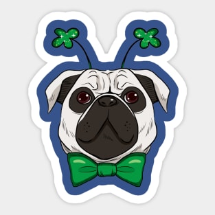 Cute St. Patrick pug dog with green bow tie and fashionable green sparkling clover accessory Sticker